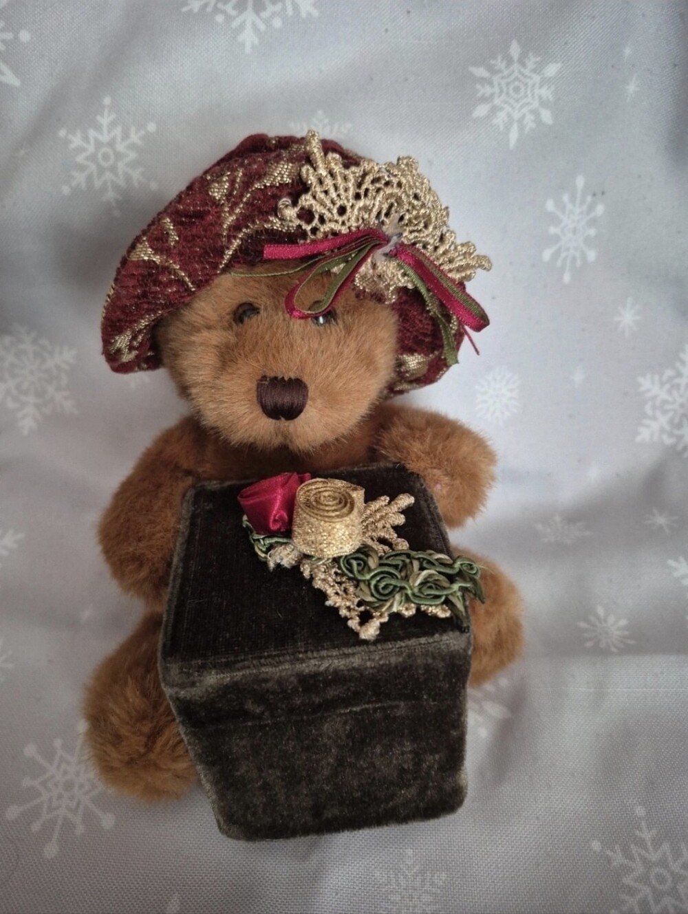 Dan Dee Plush Brown Teddy Bear with Burgundy Hat and Velvet Gift Box